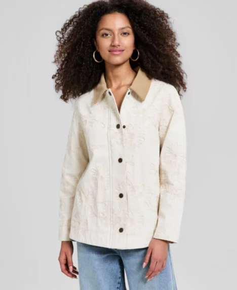 Petite Embroidered Barn Jacket - Ecru