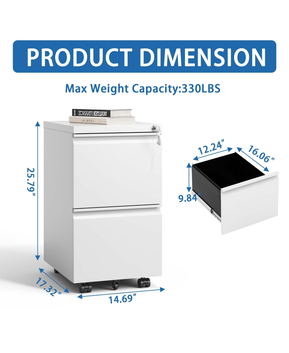 Boyel Living 2 Drawer Metal Mobile File Cabinet, Rolling File Cabinet with Lock for Hanging Legal/Letter, Fully Assembled Except Wheels