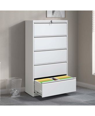 5 Drawer Metal Lateral File Cabinet, White Filing Cabinet with Lock, Lockable File Cabinet for Home Office, Locking Metal File Cabinet