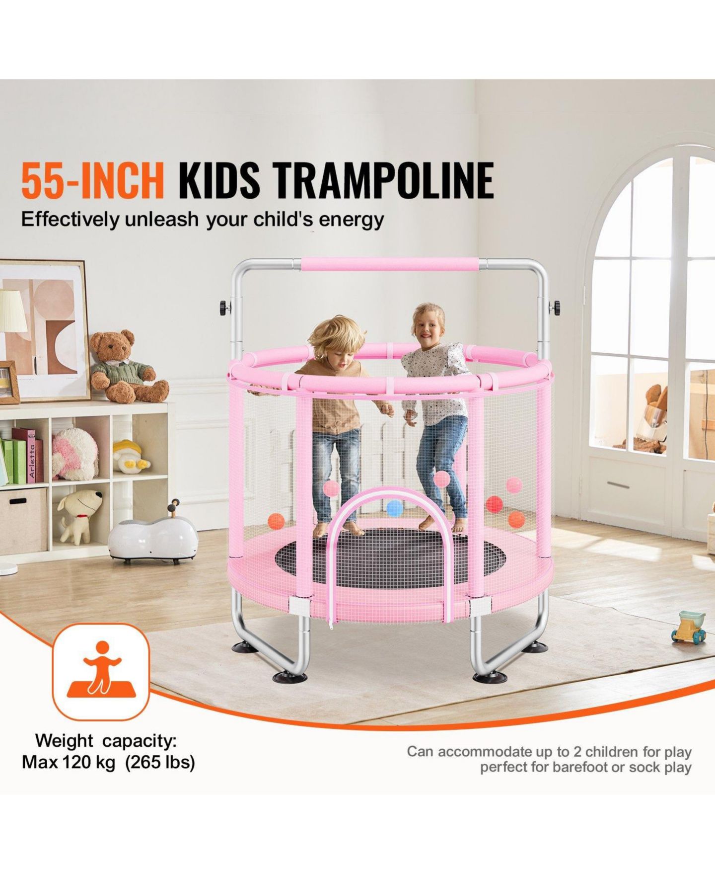 Детская игрушка Mecale Kids Trampoline, 55", Indoor/Outdoor with Enclosure Net & Basketball Hoop, Ages 3+, цвет: Розовый — фото 5