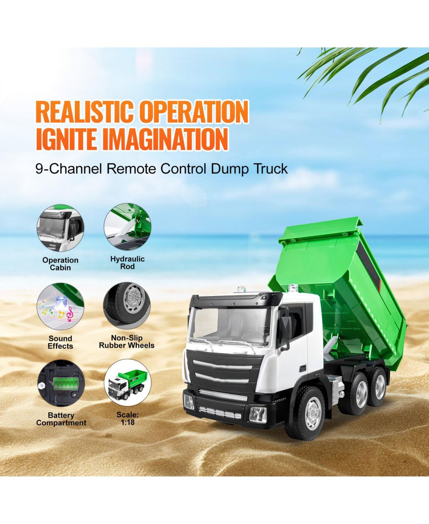 Детская игрушка Slickblue 1:18 Scale 9-Channel Remote Control Dump Truck, цвет: Зелёный / Белый — фото 3