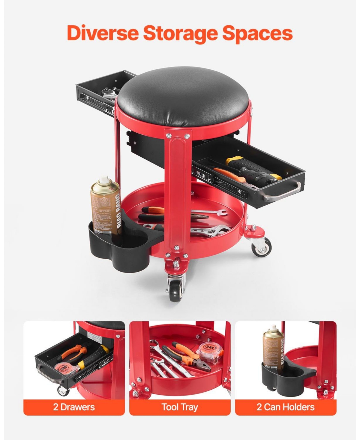 Mecale Rolling Mechanic Stool, 300-Lb Capacity, Fixed-Height Padded Seat w/ Tool Tray & 2 Drawers, Red/Black