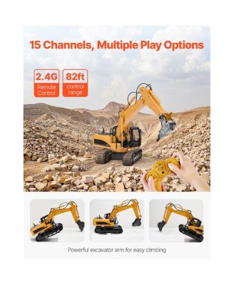 Remote Control Excavator Toy, 15 Channel, 3 in 1 Remote Control Digger with Metal Shovel, 1:14 Scale RC Excavator