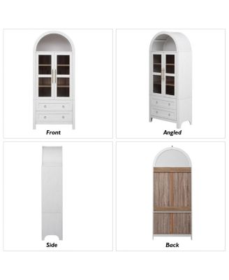 71" Tall Arched Kitchen Pantry Cabinet with 2 Large Drawers, Adjustable Shelves, Glass Door, Wood Versatile Cupboard