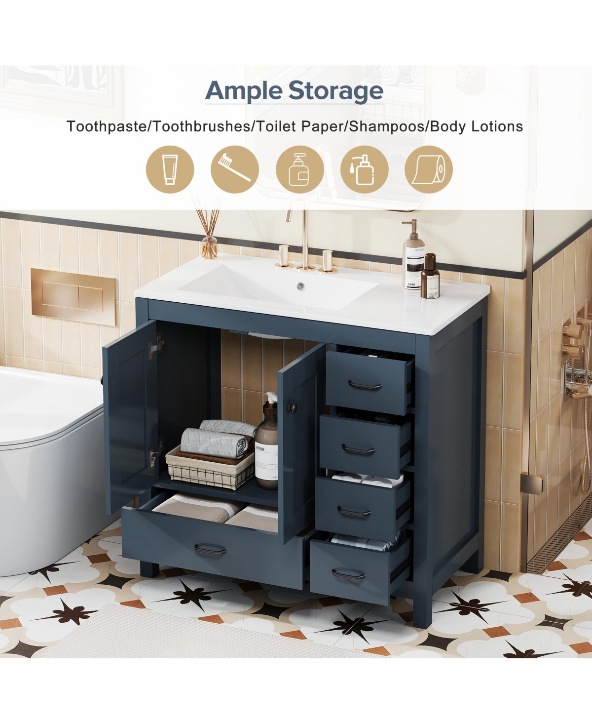 Cesicia 36 in. Bathroom Vanity with Ceramic Sink Combo, Abundant Storage Cabinet with 2 Soft Close Doors and 5 Drawers