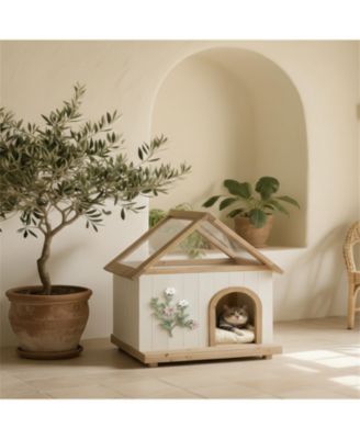Cat House with Floral Carving for Cats & Small Dogs in Natural