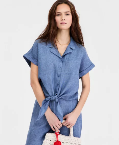 Petite Tie-Front Camp Shirt - Blue Ocean Delight