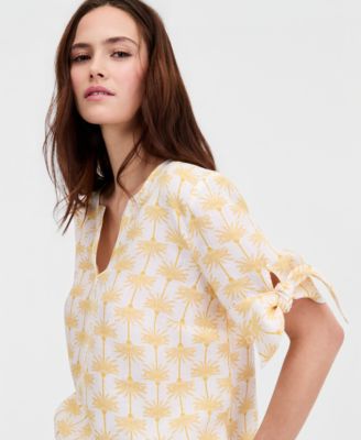 Women's 100% Linen Woven Vine Tie-Sleeve Top