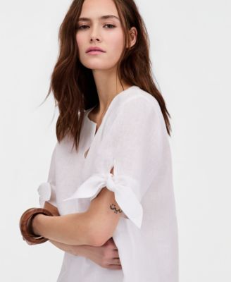 Women's 100% Linen Split-Neck Tie-Cuff Top, Created for Macy's
