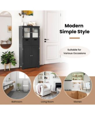 Bathroom Floor Storage Cabinet Kitchen Cupboard with 2 Drawers & Glass Doors