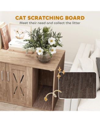 Cat Litter Box Enclosure with Scratching Board in Walnut Brown