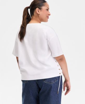 Plus Size Lace-Up-Side Cotton T-Shirt