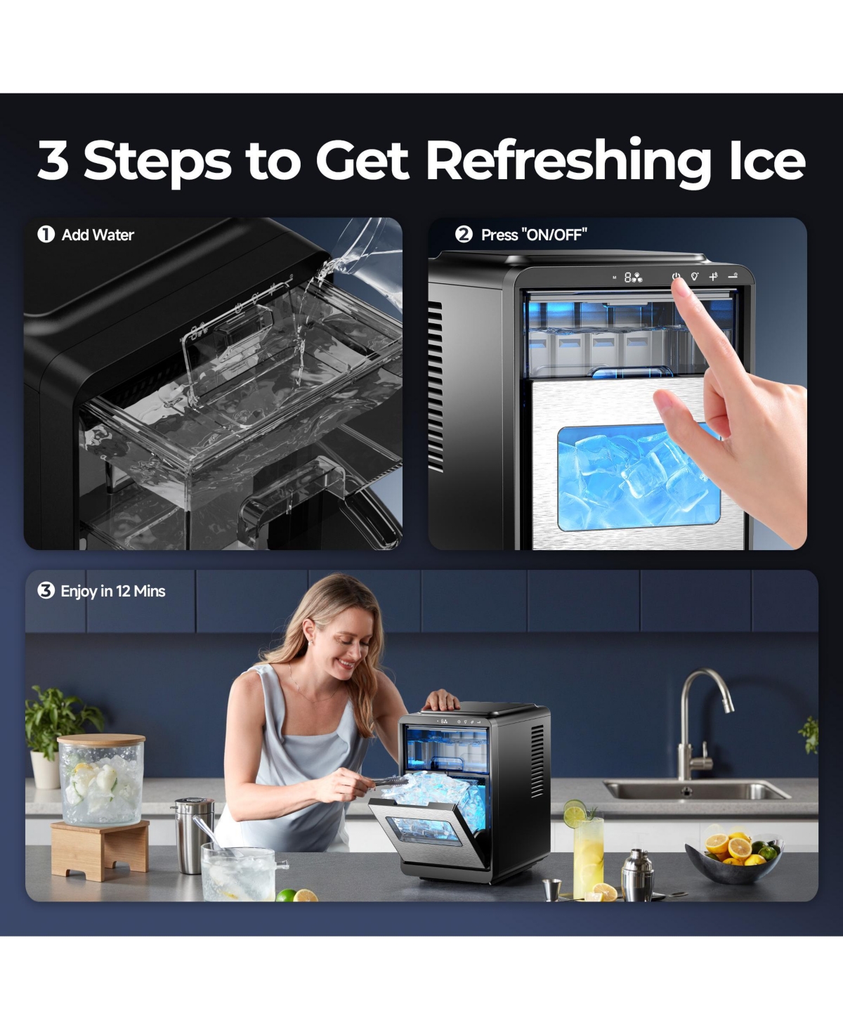 Euhomy Per day Countertop or Portable Black Crescent Ice Maker with 1.9L Water Tank and 2.2Lbs Ice Basket