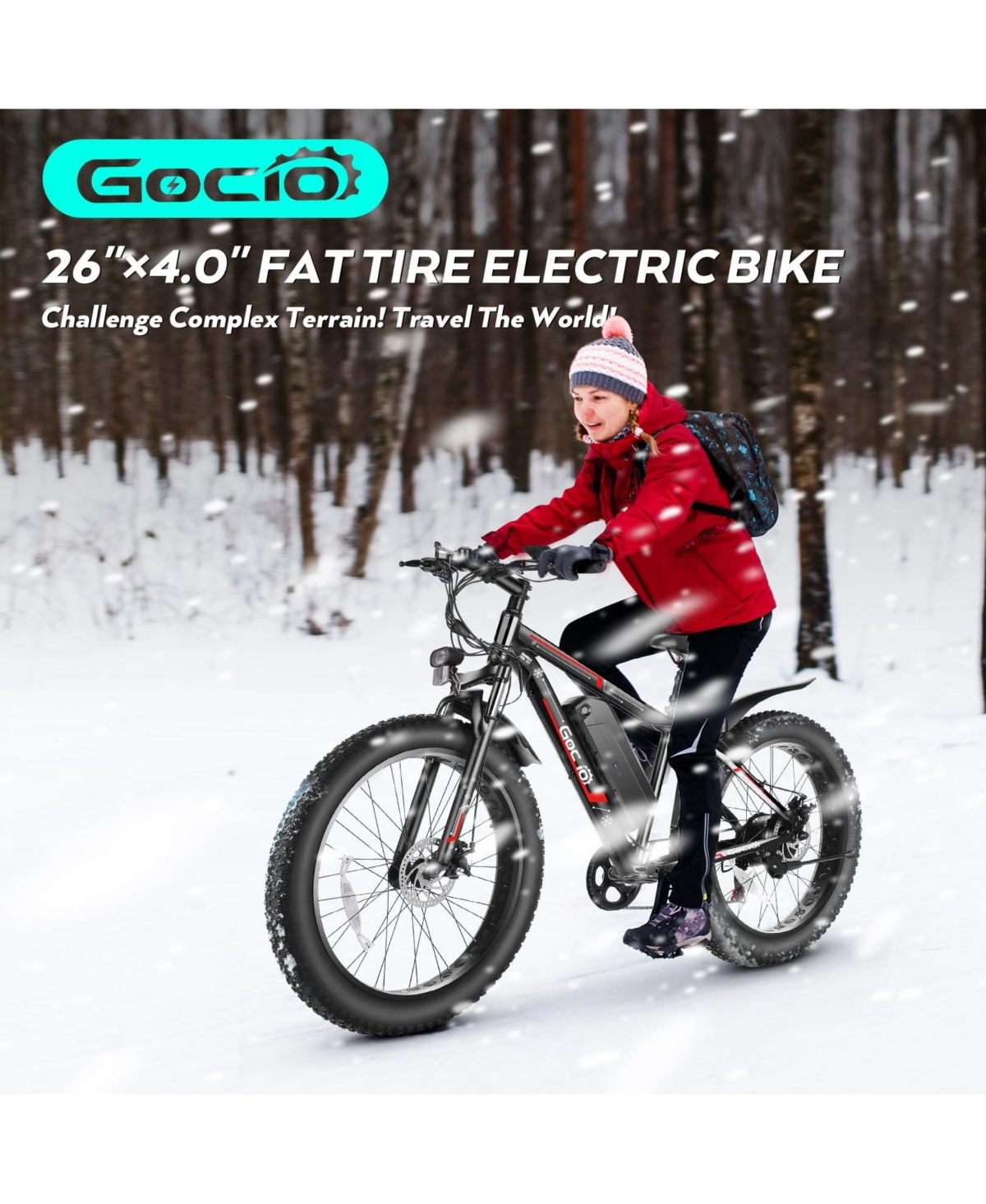 Gocio 26" Fat Tire Electric Bike 750W 48V 13Ah Battery Max 22Mph Mountain Beach Snow Ebike 7-Speed UL2849 Certified