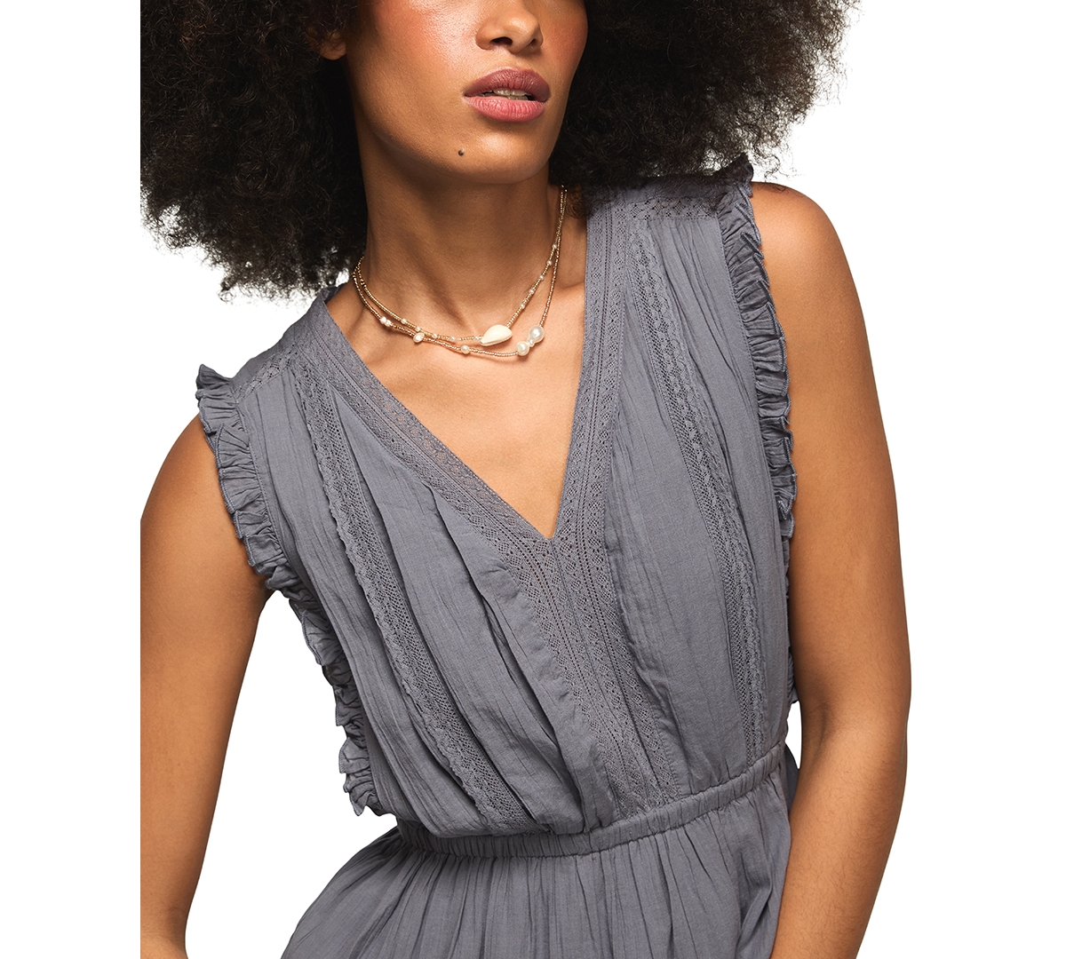 Lucky Brand Women's Lace Trim Tiered V-Neck Midi Dress