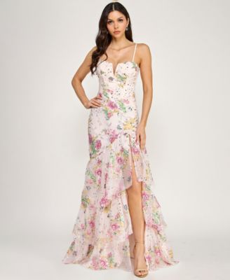 Juniors' V-Neck Embroidered Sequin Corset Mermaid Gown