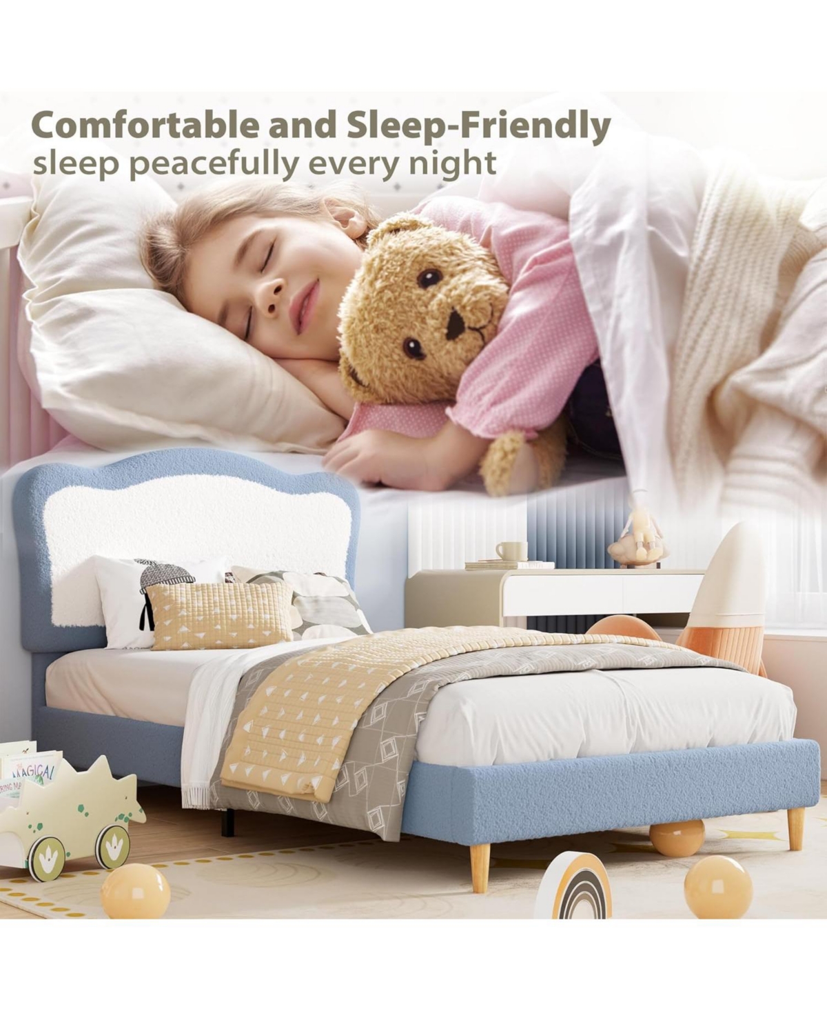 gaomon Full Velvet Kids Platform Bed with Soft Upholstered Headboard, Low Noise-Free Frame for Girls/Boys, Solid Wood Slats