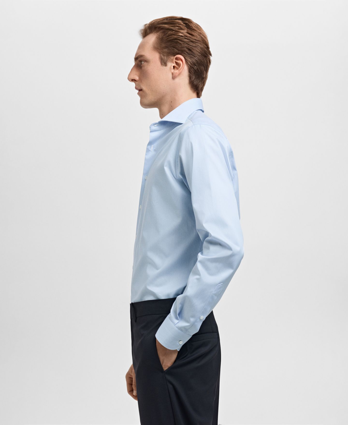 Мужская рубашка Mango Striped-Print Slim-Fit Dress Shirt, цвет: Небесно-голубой — фото 4
