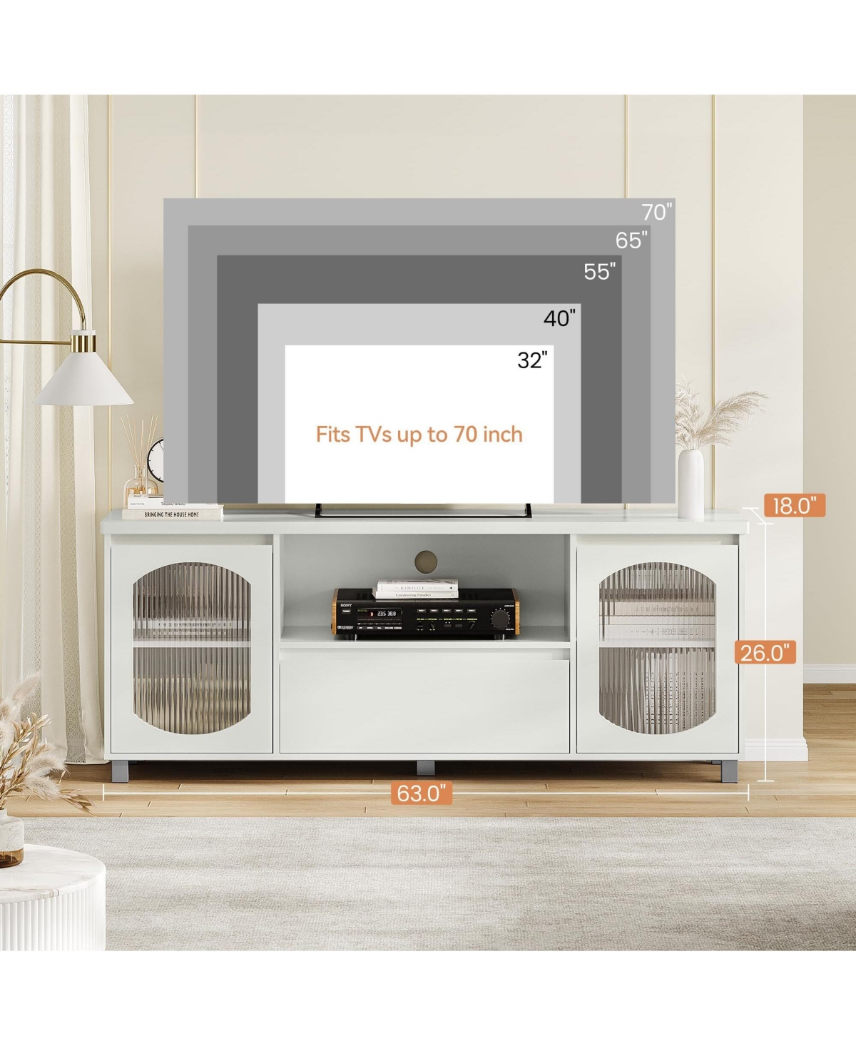 gaomon Modern Tv Stand for 65 Inch Tv, Tv Cabinet with Fluted Glass Door and Open Shelve, Tv Console with Storage Cabinets and Drawer