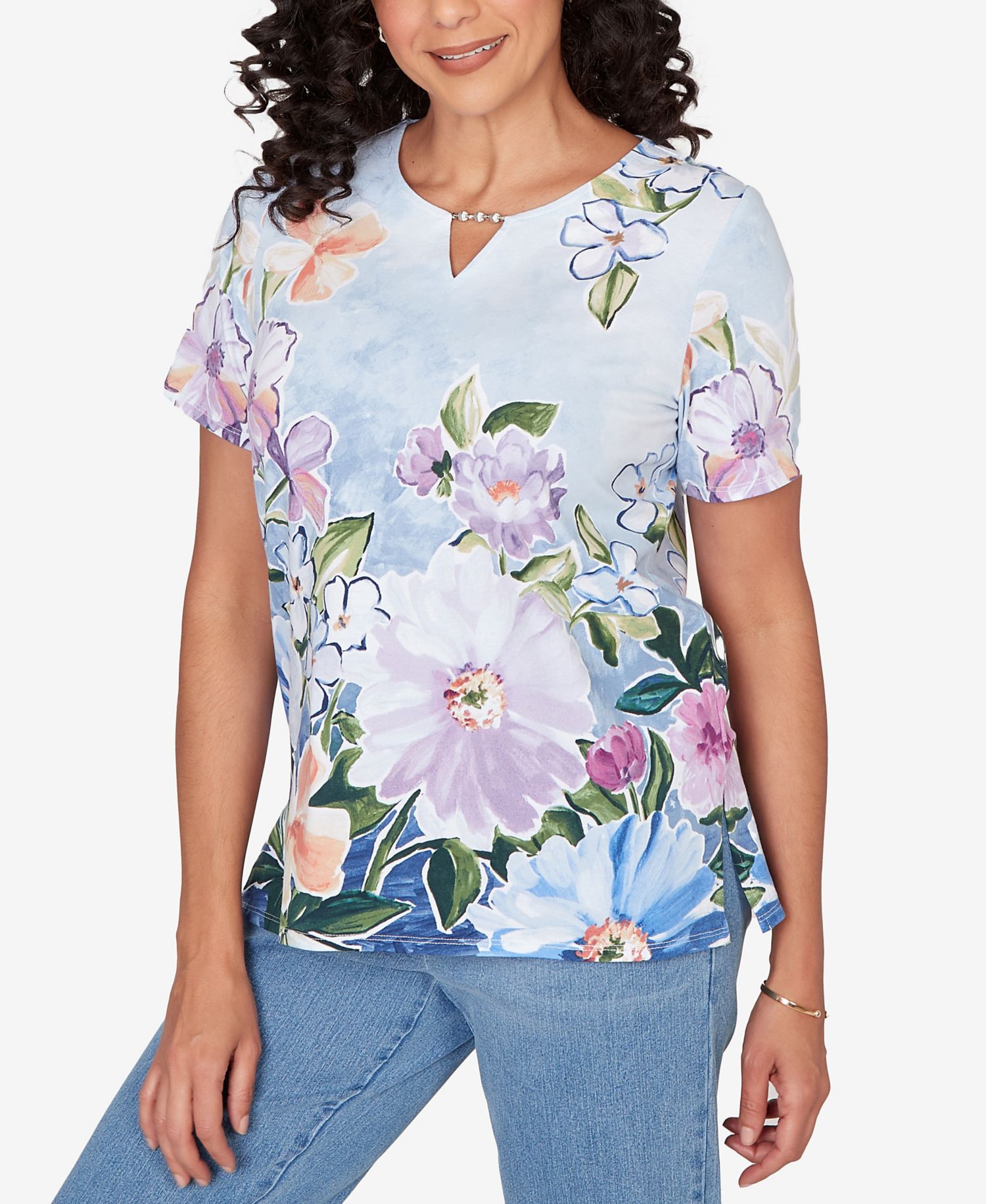 Petite Artisan Floral Split Neck Top