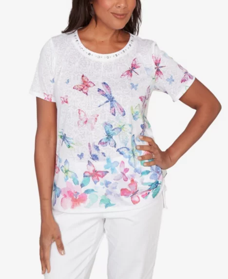 Petite Butterfly Beaded Side Tie Ruched Top - White Multi