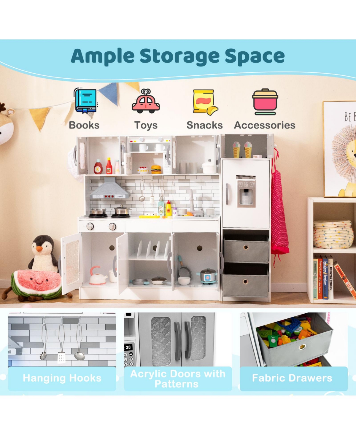 Hongge 2 Piece Wooden Kids Play Kitchen Set with Refrigerator Sink Stove and Realistic Lights and Sounds