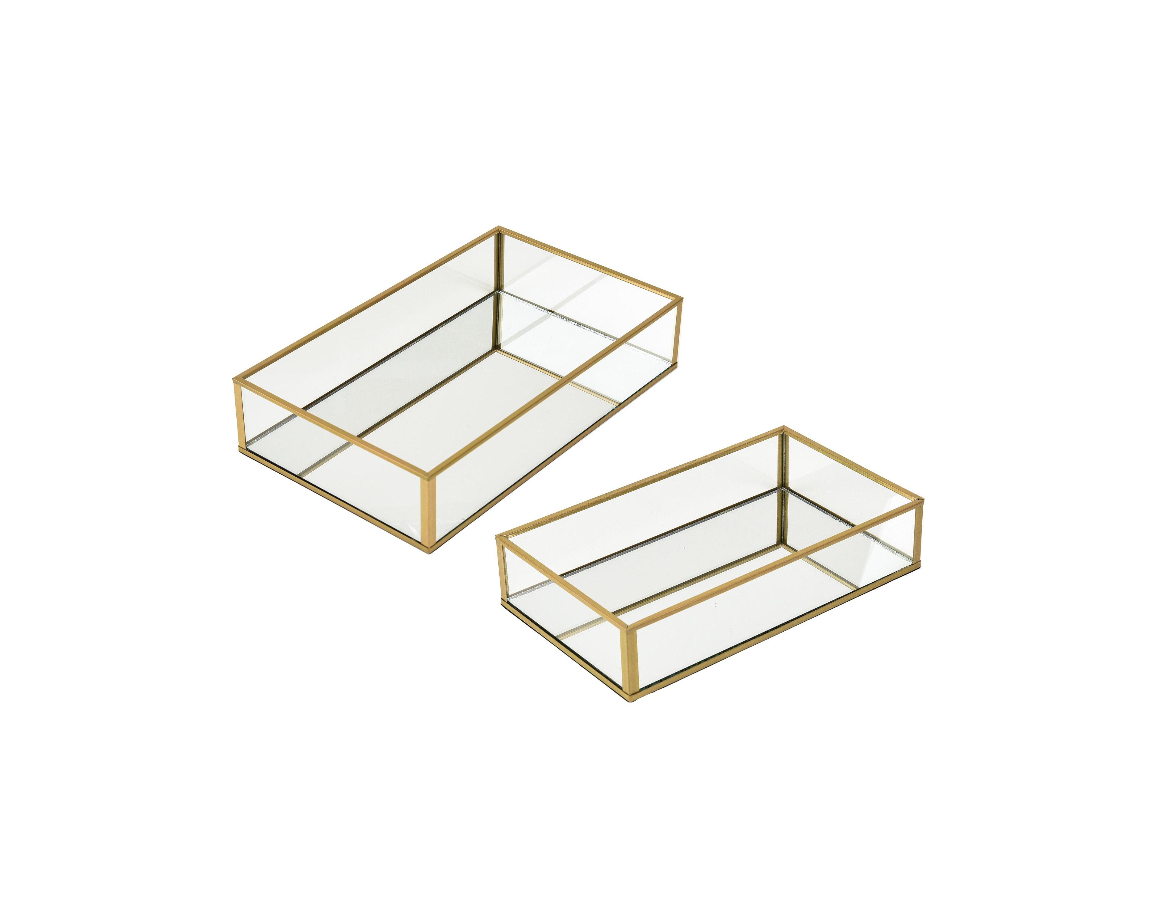 Lauraella 2PC Set, Handcrafted Glass Tray, Decorative Storage Tray for Makeup, Jewelry, Desk, or Bathroom, Clear with Gold