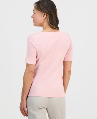 Petite Cotton Elbow-Sleeve Boat-Neck Top