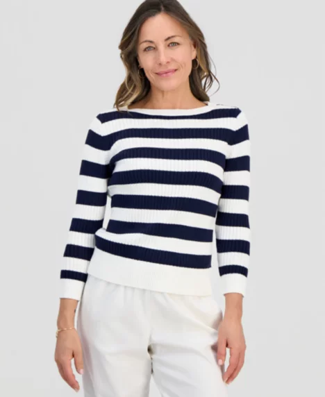 Petite Wide Stripe Boatneck Sweater - Industrial Blue