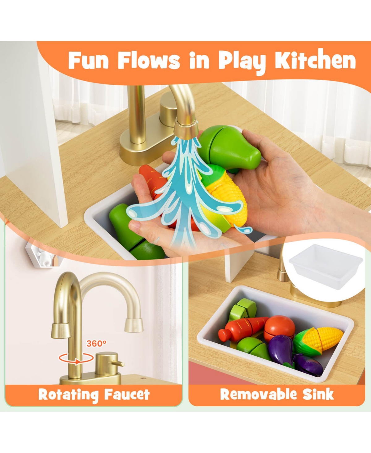 Costway Kid's Play Kitchen with Microwave Stoves Rotation Knobs Ice Dispenser Faucet Sink