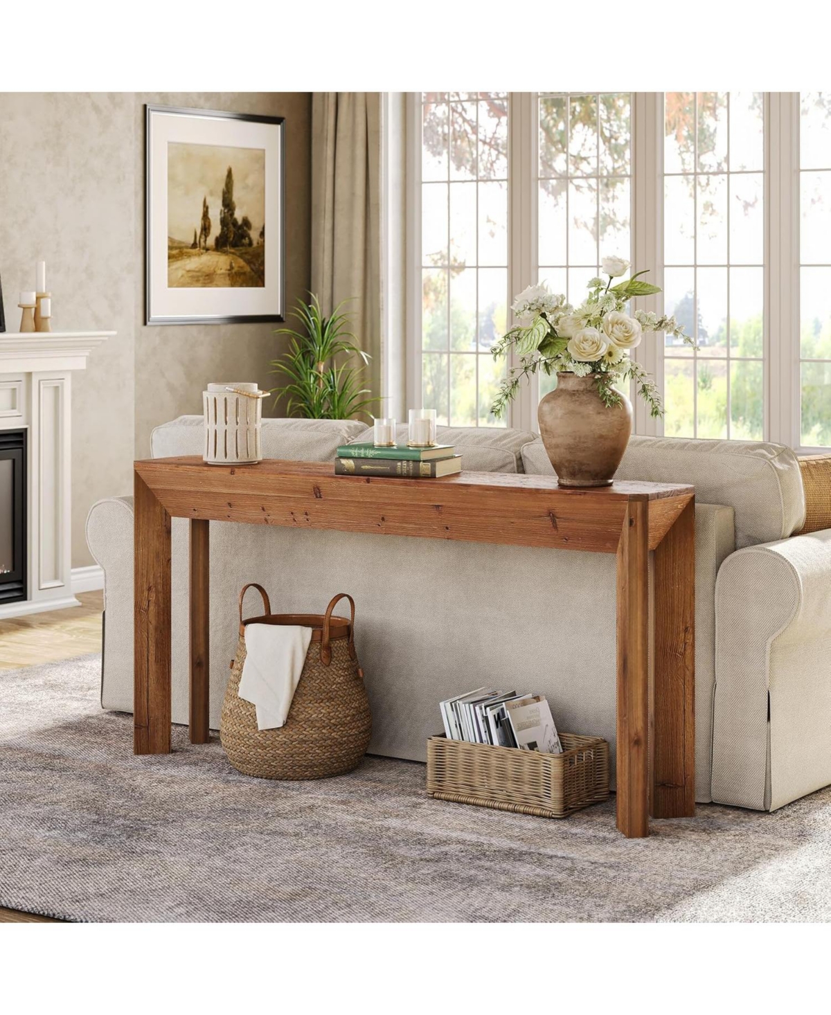 Tribesigns Solid Wood Console Table for Living Room, 63" Farmhouse Entryway Table with Integrated Splayed Legs, Brown