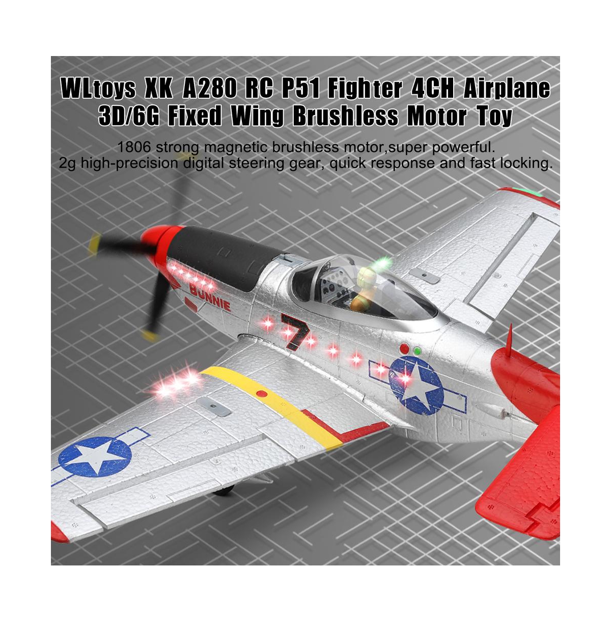 Bruce & Shark 2.4G 4-Channel P51 Rc Plane with Brushless Motor, 6G/3D Flight Modes, 6-Axis Gyro & Led Light