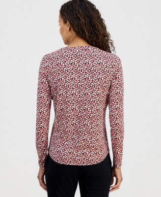 Petite Delicate Paisley Split-Neck Zip-Pocket Top