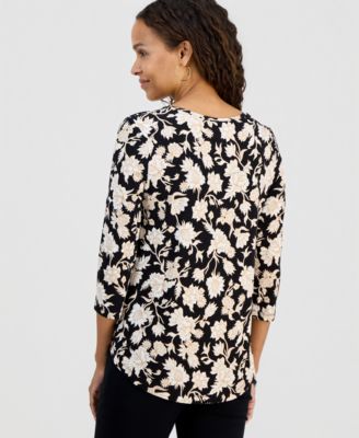 Petite Scoop-Neck Printed 3/4-Sleeve Top