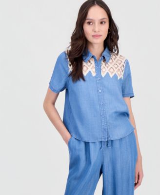 Petite Crochet-Inset Chambray Short-Sleeve Shirt