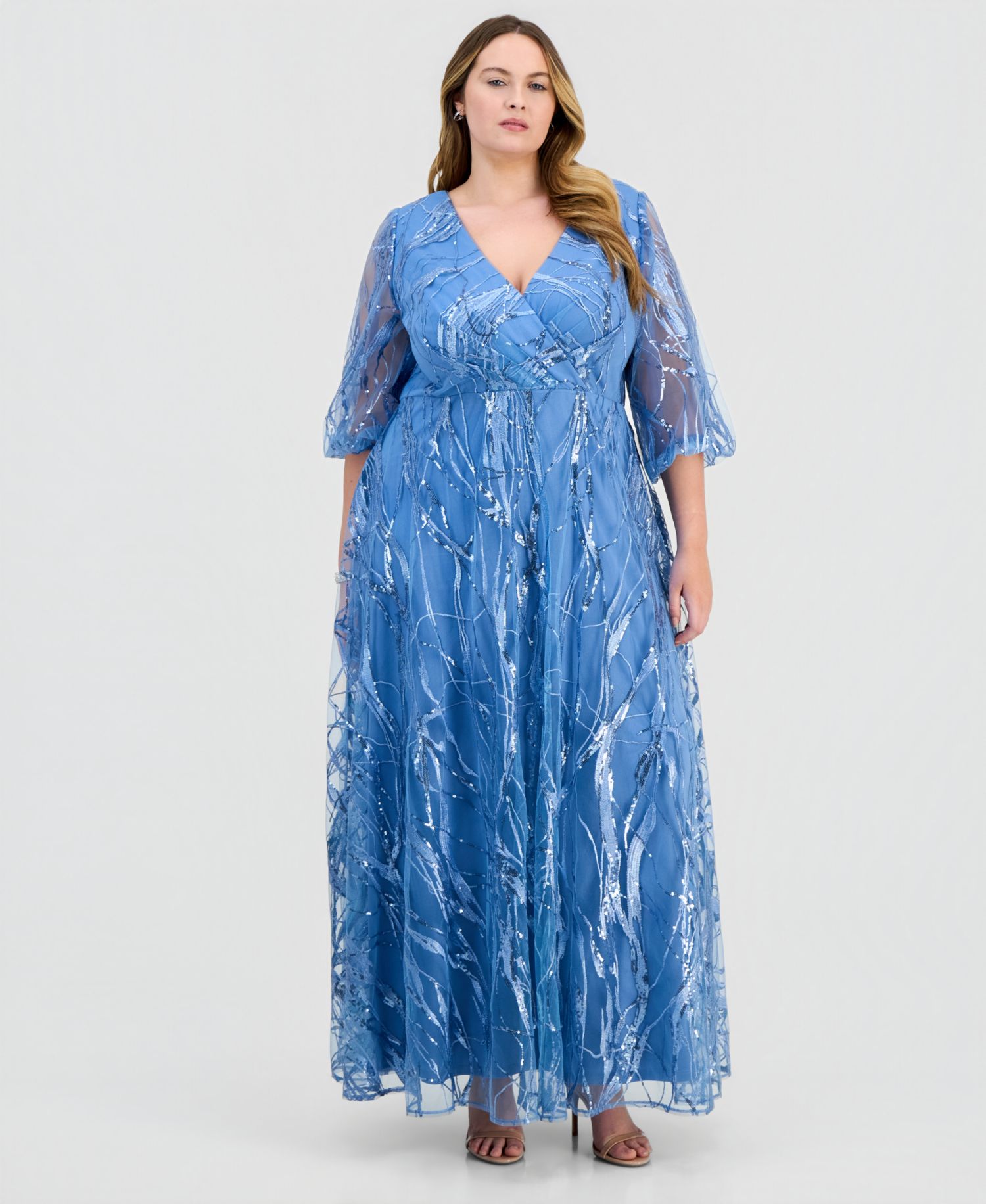 Plus Embroidered A-Line V-Neck Ball Gown