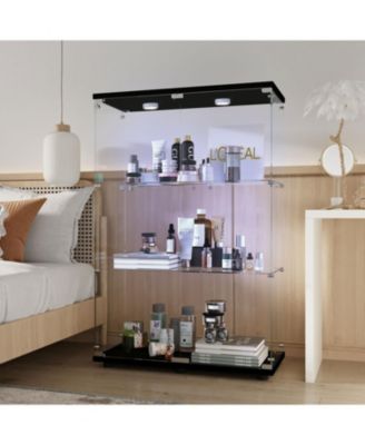 Black Tempered Glass Display Cabinet w/ Light & Adjustable Feet