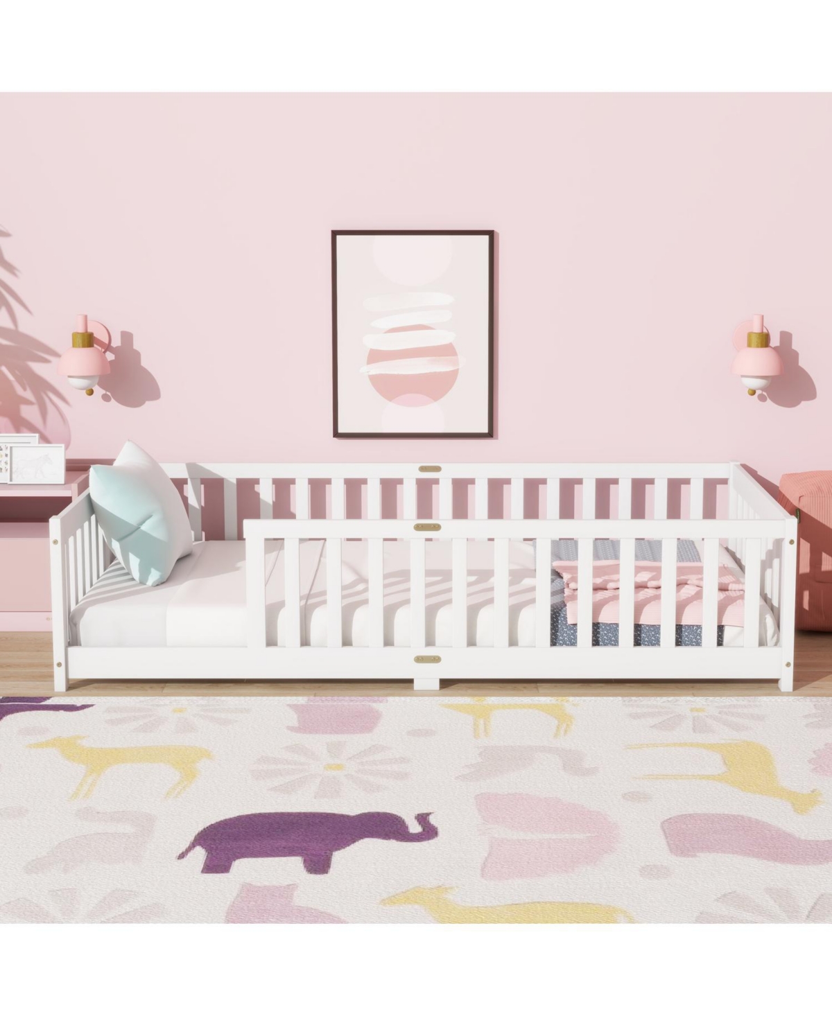 Streamdale Furniture Twin Floor Bed with Fence, Rubber Wood