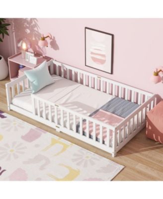 Twin Floor Bed with Fence, Rubber Wood