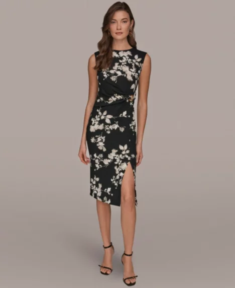 Petite Printed Jewel Neck Sleeveless Midi Dress - Black Multi