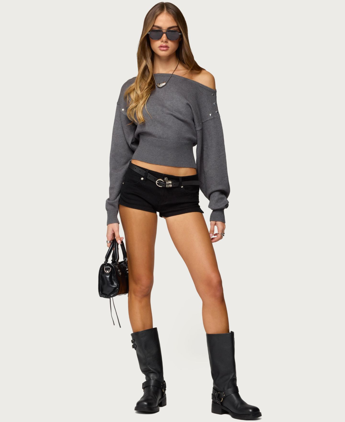 Женский свитер Edikted Doro Studded Off Shoulder, цвет: Тёмный серый — фото 5