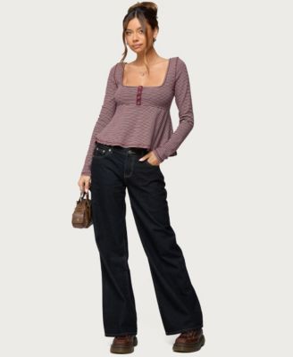 Women's Sare Striped Babydoll Henley Top