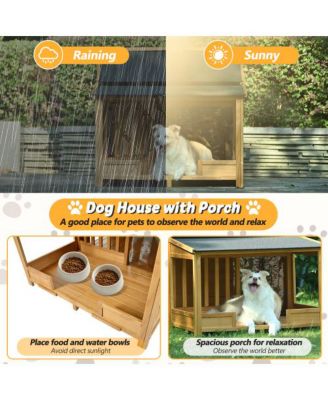60.2inch Large Wooden Dog House with Porch Cabin Style Dog Crate with Asphalt Roof Nature