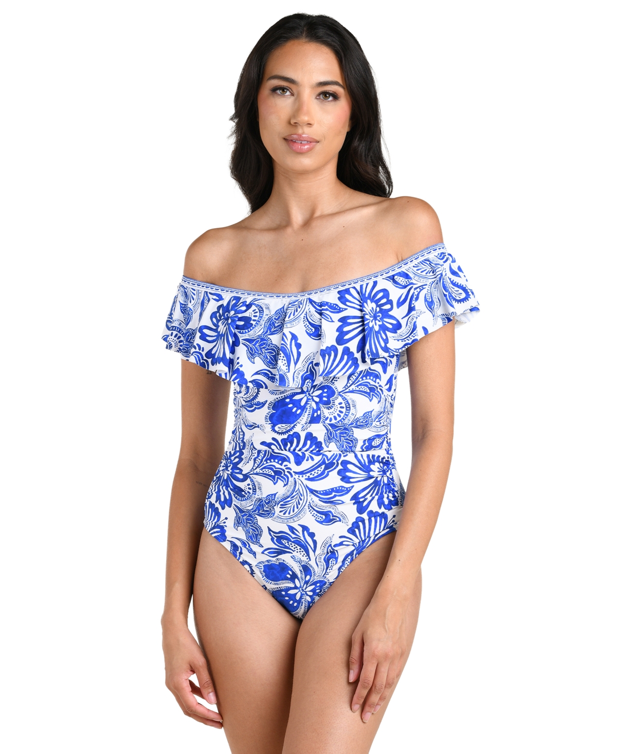 La Blanca Women's Botanical Brocade Ruffle One-Piece Swimsuit