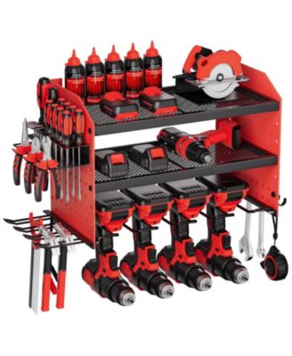 Wall-Mount Power Tool Organizer, 3-Tier Rack w/ 4 Drill Holders & Side Pegboards, Garage/Workshop Storage