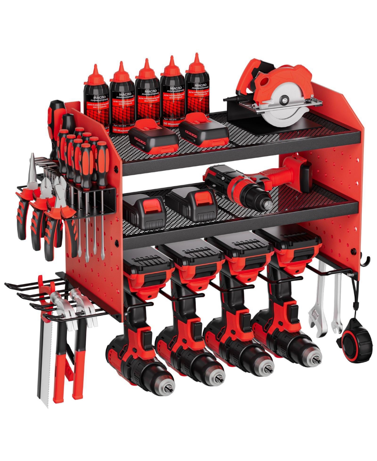 Mecale Wall-Mount Power Tool Organizer, 3-Tier Rack w/ 4 Drill Holders & Side Pegboards, Garage/Workshop Storage - Red