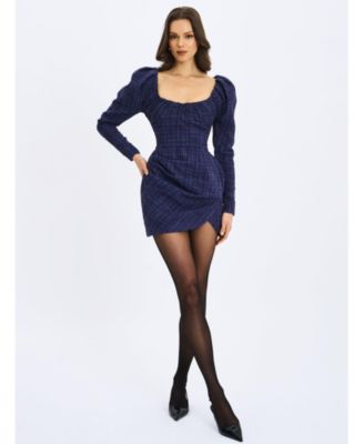 Women's Denise Navy Tweed Ruched Puff Sleeve Mini Dress