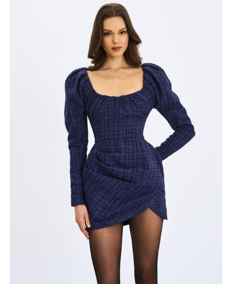 Женское платье Miss Circle Denise Navy Tweed Ruched Puff Sleeve Mini, цвет: Тёмно-синий