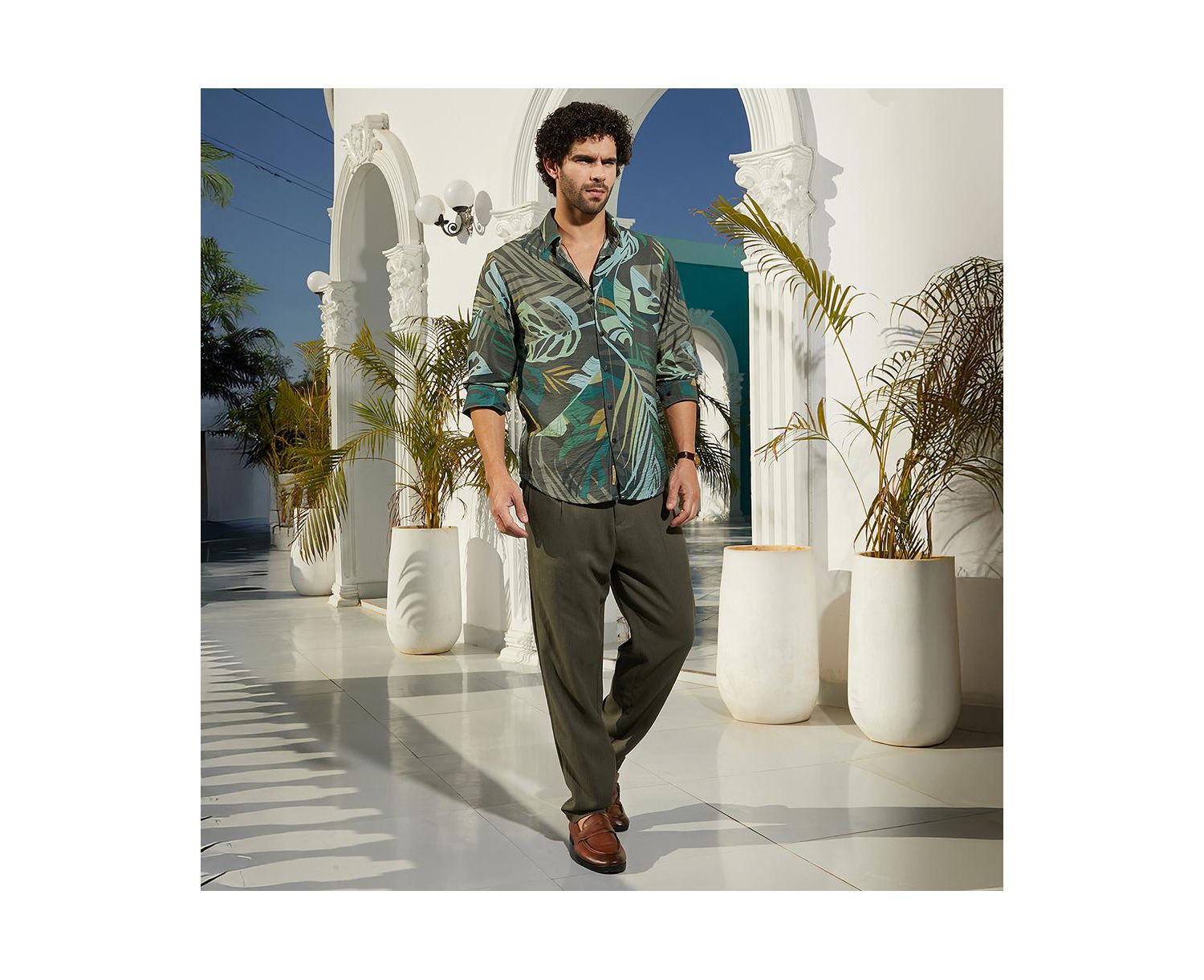 Men's Jungle Green Palm Print Casual Shirt