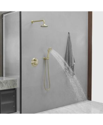 Single Handle 2-Spray Shower Faucet Set 1.8 GPM with Valve Dual Function Handheld Shower Head in Brushed Gold.